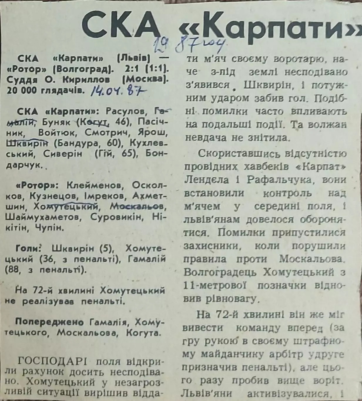 СКА Карпаты Львов-Ротор Волгоград.14.04.1987.Отчет о матче.