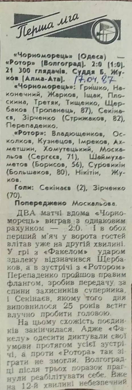 Черноморец Одесса-Ротор Волгоград.17.04.1987.Отчет о матче.