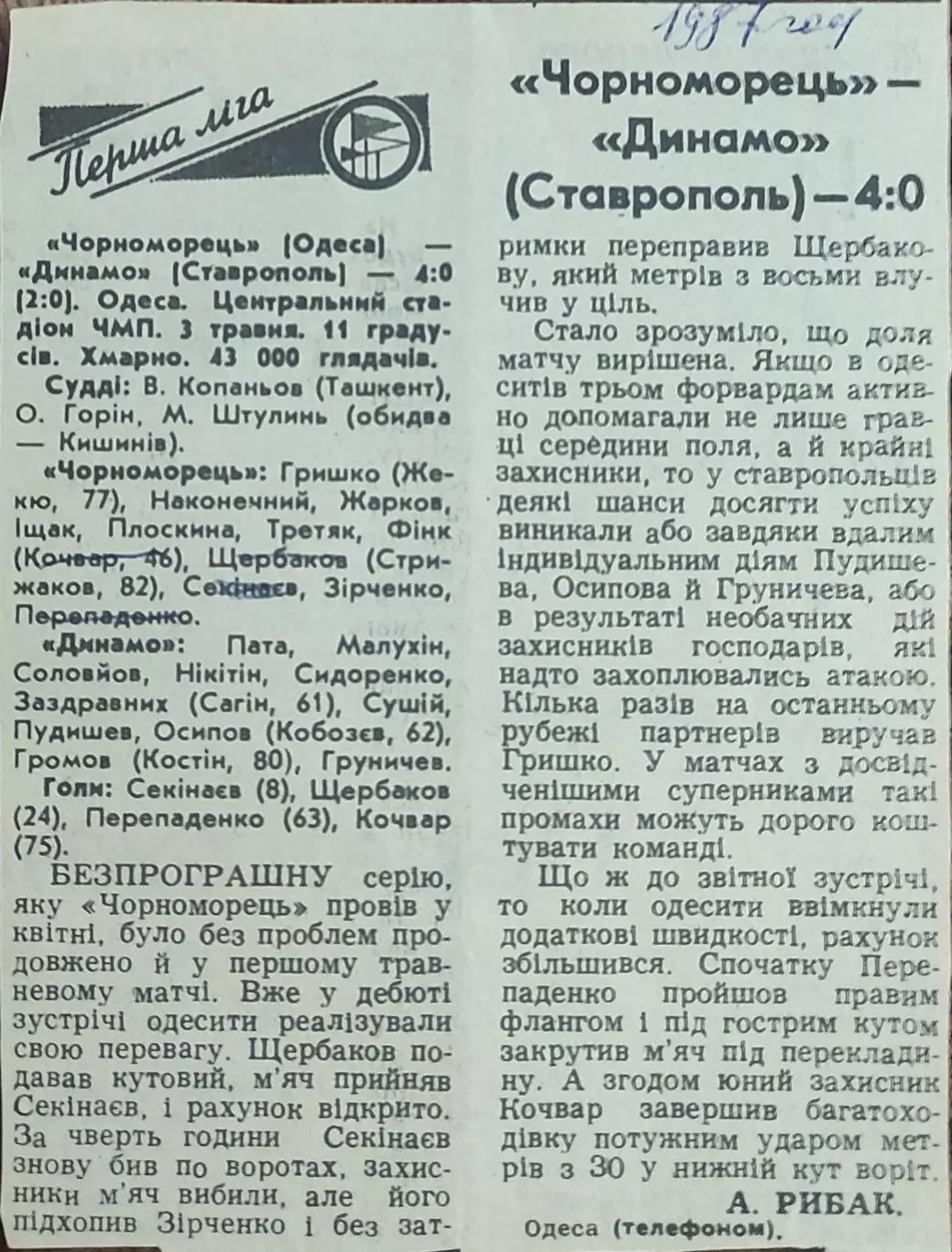 Черноморец Одесса-Динамо Ставрополь.3.05.1987.Отчет о матче.
