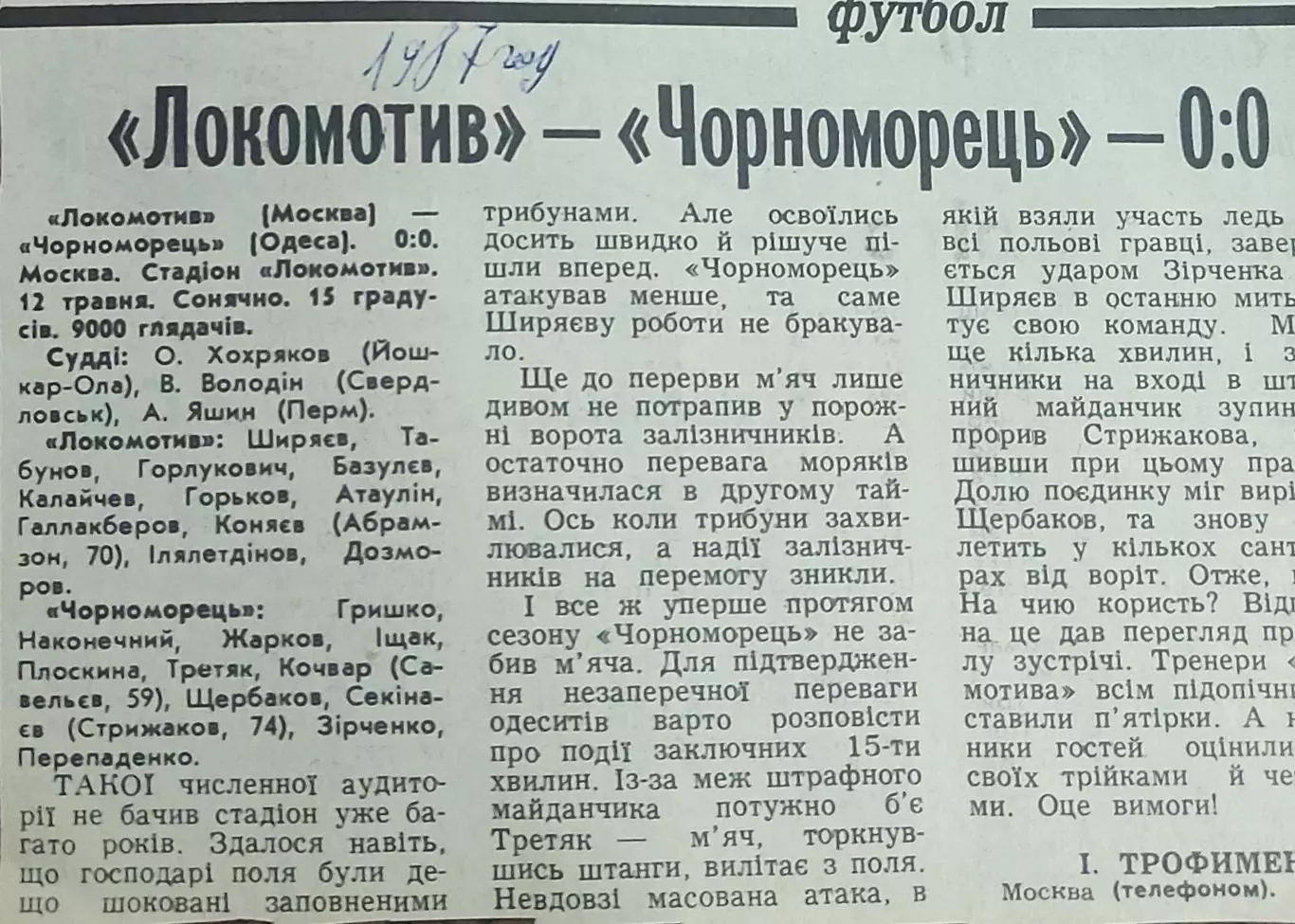 Локомотив Москва-Черноморец Одесса.12.05.1987.Отчет о матче.