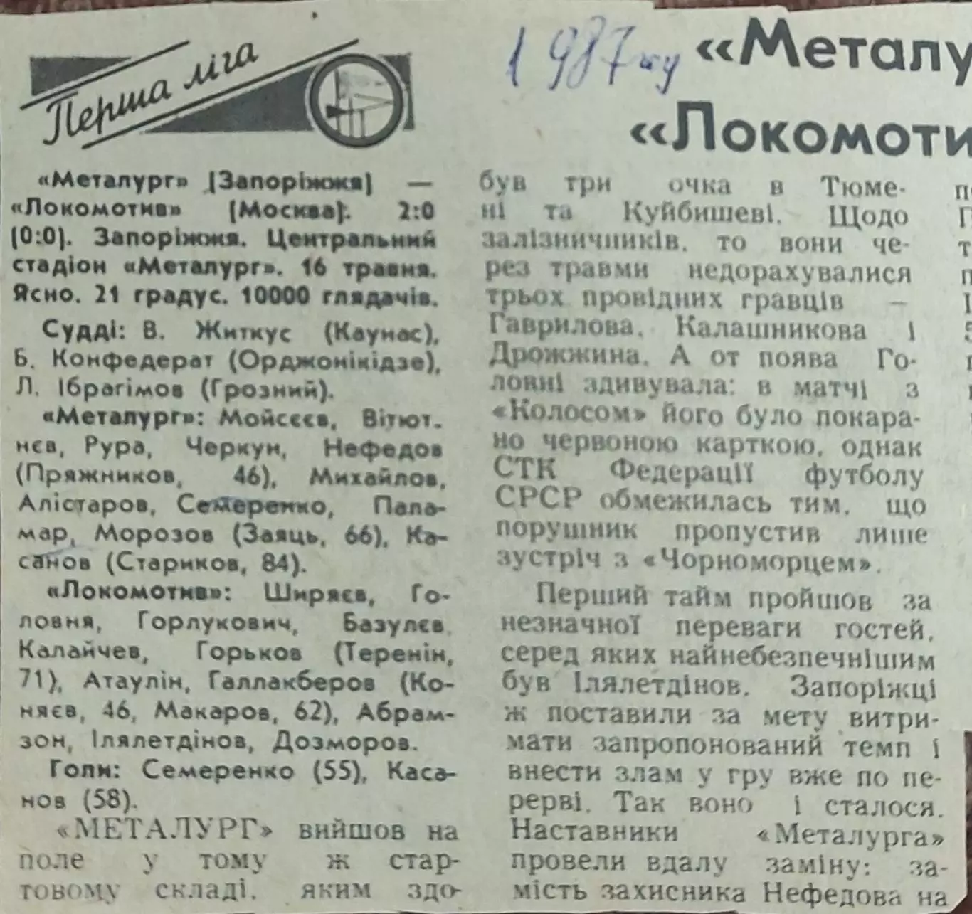 Металлург Запорожье-Локомотив Москва.116.05.1987.Отчет о матче.