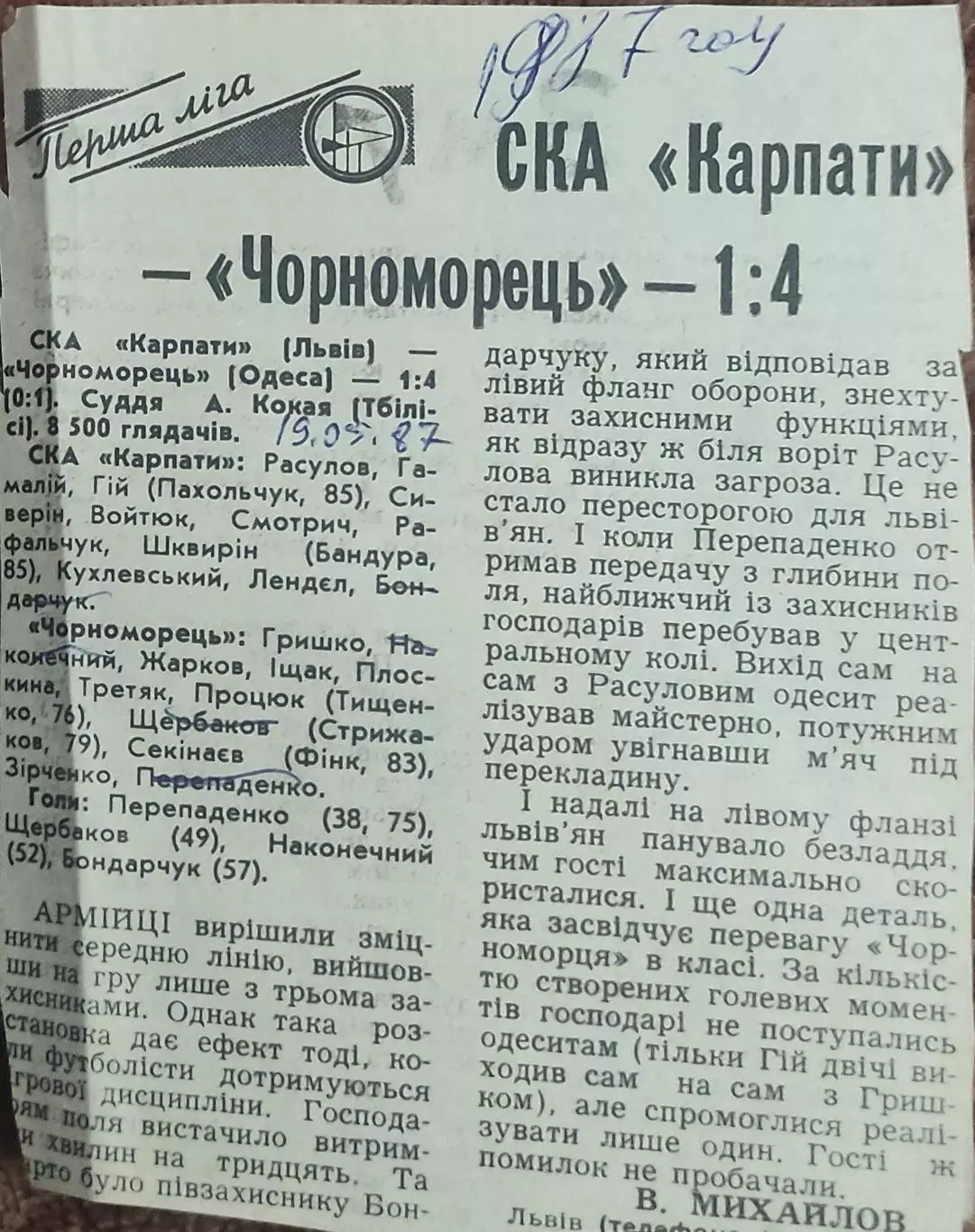СКА Карпаты Львов-Черноморец Одесса.19.05.1987.Отчет о матче.