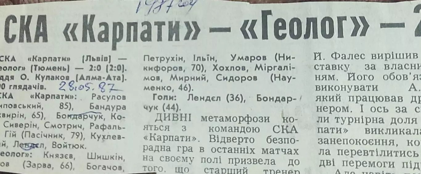 СКА Карпаты Львов-Геолог Тюмень.28.05.1987.Отчет о матче.