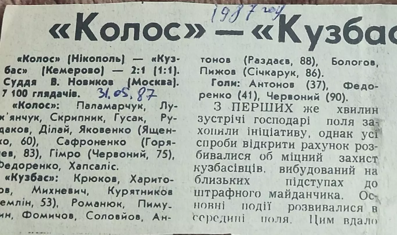 Колос Никополь-Кузбасс Кемерово.31.05.1987.Отчет о матче.