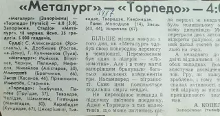 Металлург Запорожье- Торпедо Кутаиси.18.06.1987.Отчет о матче.