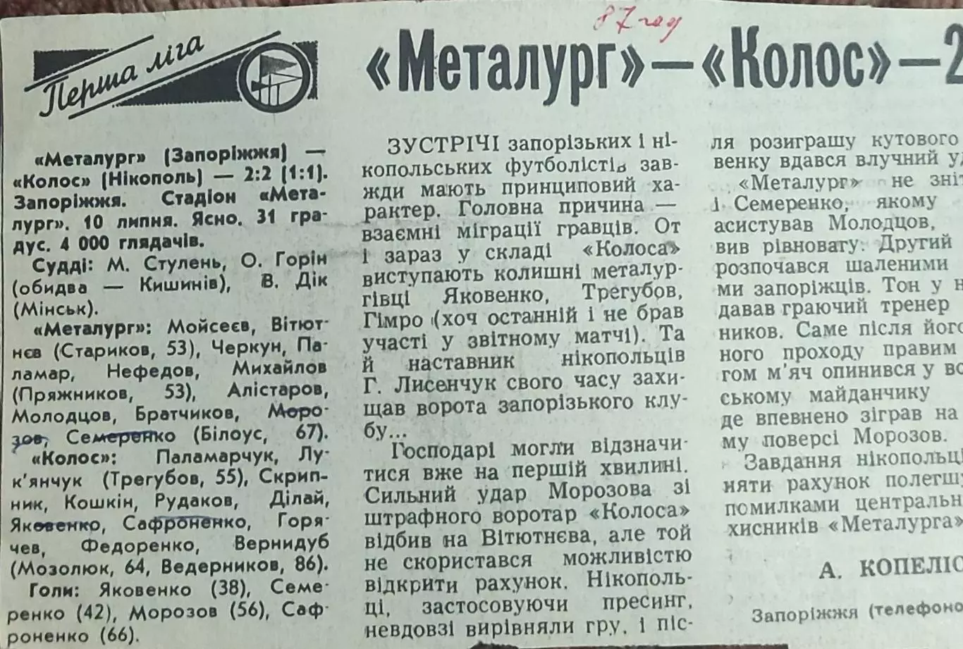 Металлург Запорожье-Колос Никополь.10.07.1987.Отчет о матче.