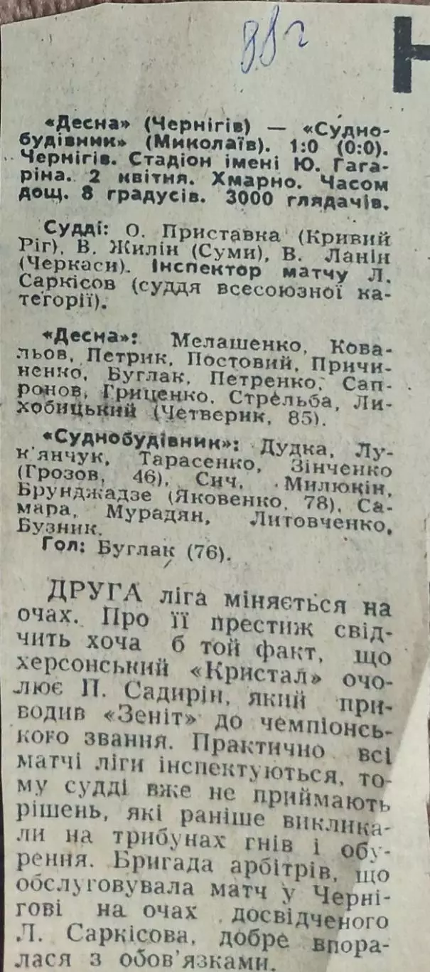 Десна Чернигов-Судостроитель Николаев.2.04.1988.Отчет о матче.