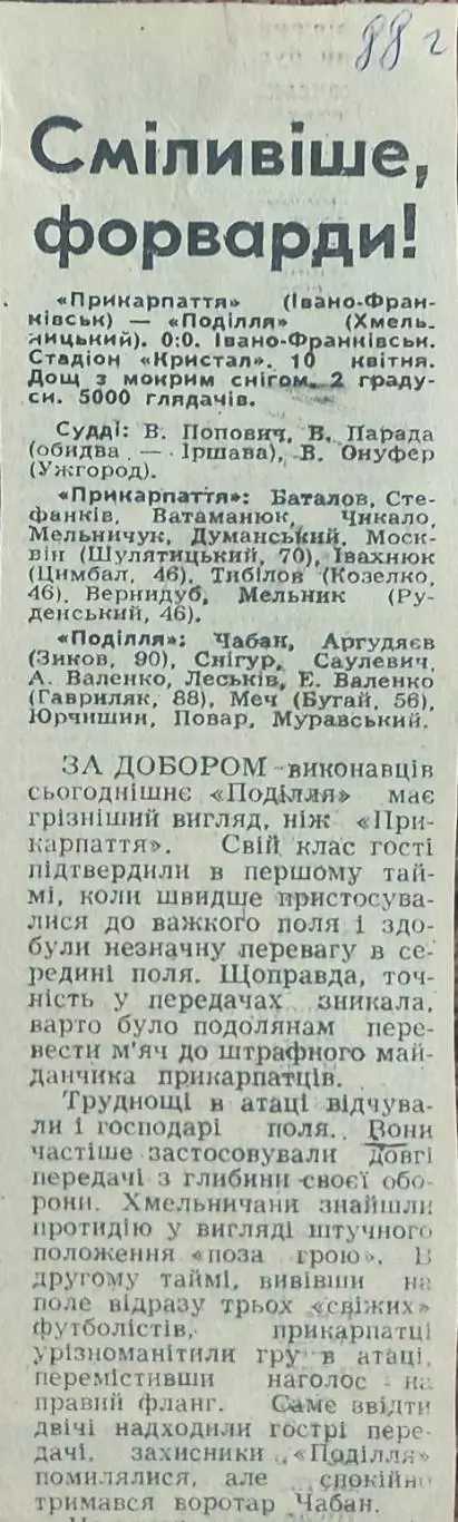 Прикарпатье Ивано-Франковск-Подолье Хмельницкий.10.04.1988.Отчет о матче.
