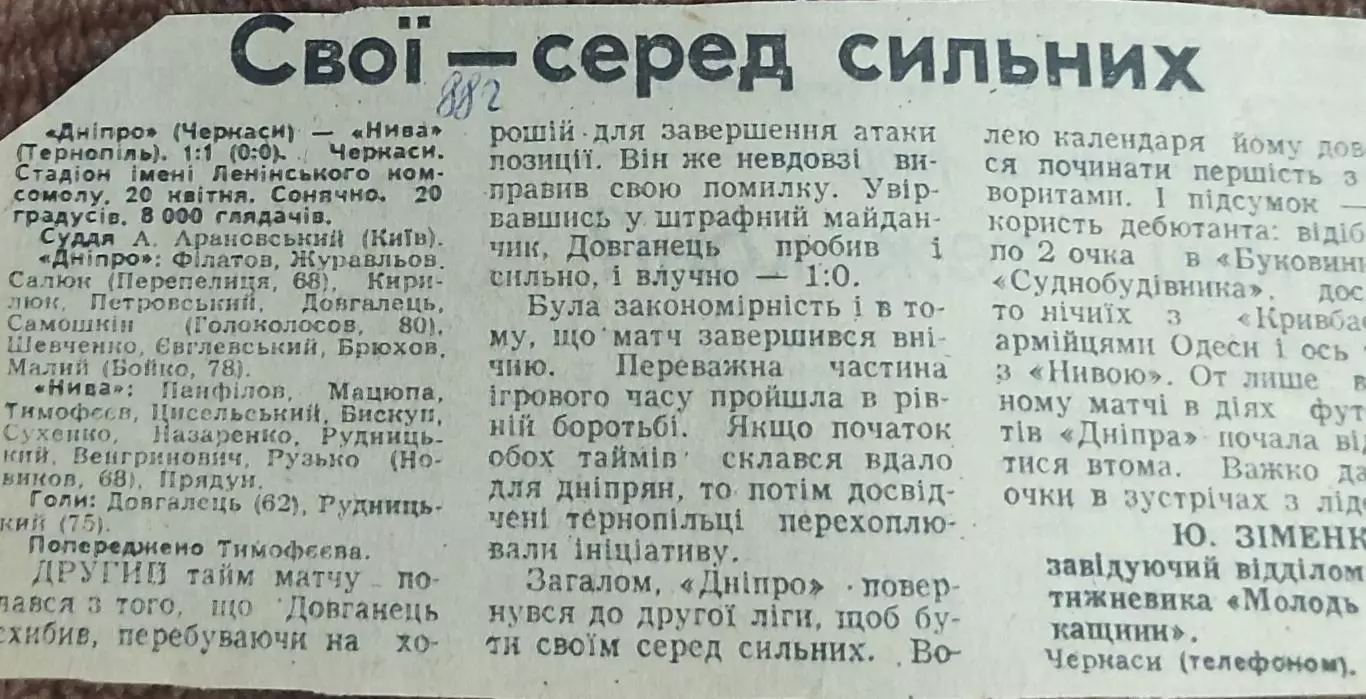 Днепр Черкассы-Нива Тернополь.20.04.1988.Отчет о матче.