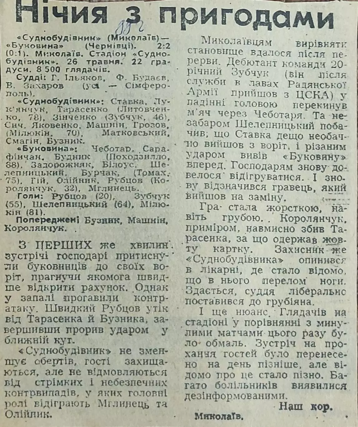 Судостроитель Николаев-Буковина Черновцы.26.05.1988.Отчет о матче.