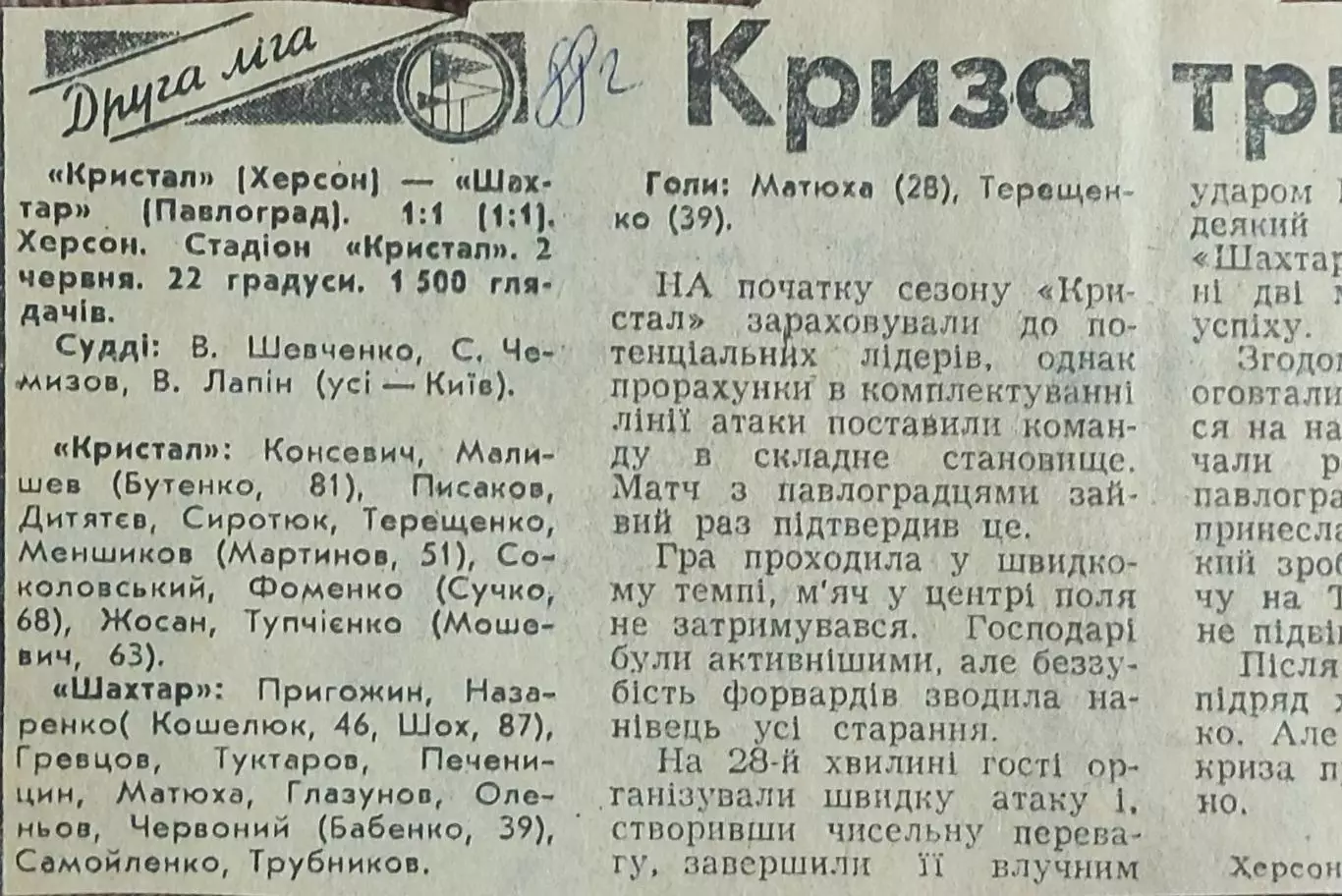 Кристалл Херсон-Шахтер Павлоград.2.06.1988.Отчет о матче.