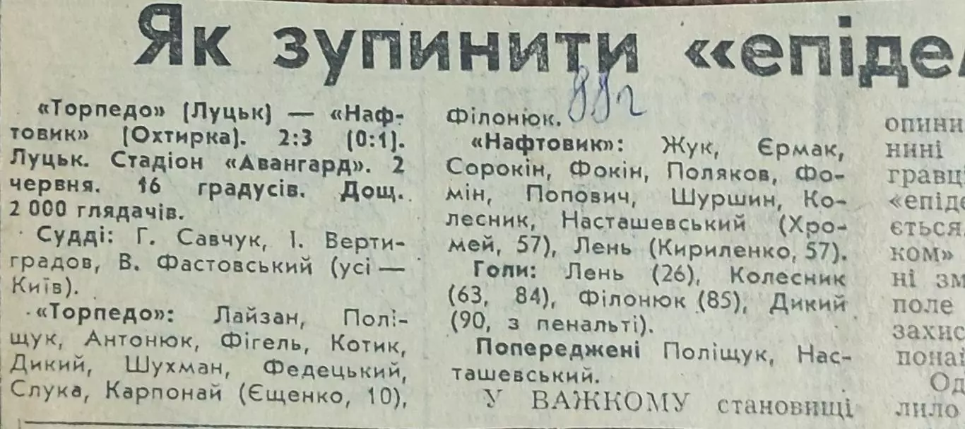 Торпедо Луцк-Нефтяник Ахтырка.2.06.1988.Отчет о матче.