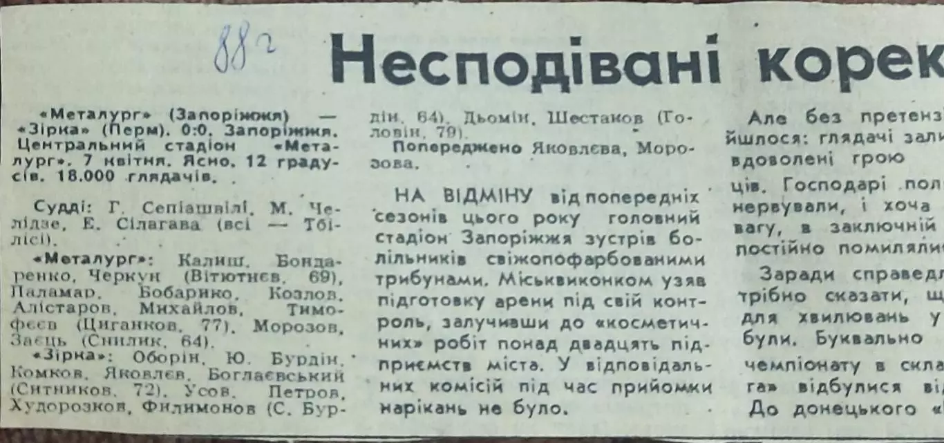 Металлург Запорожье-Звезда Пермь.7.04.1988.Отчет о матче.