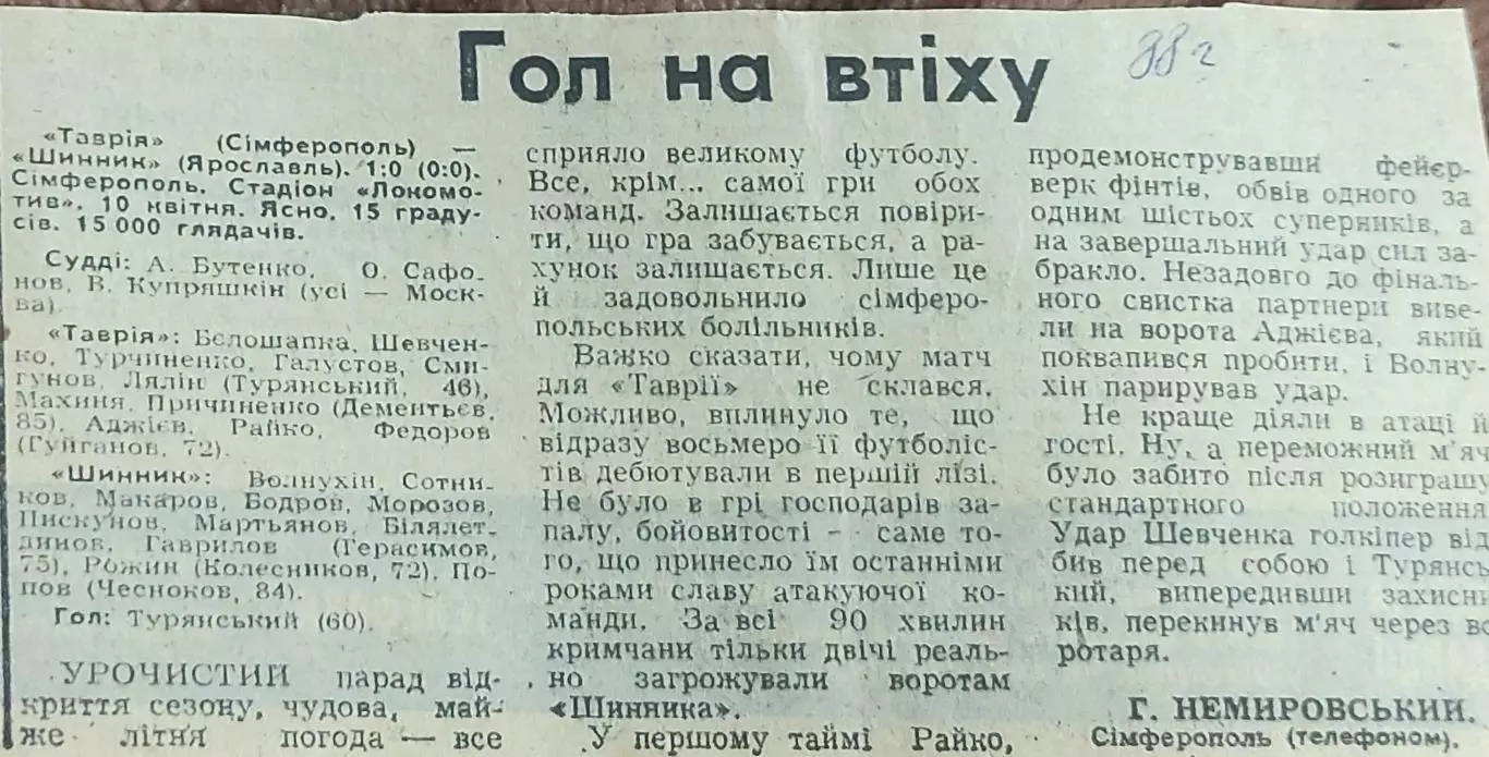 Таврия Симферополь-Шинник Ярославль.10.04.1988.Отчет о матче.