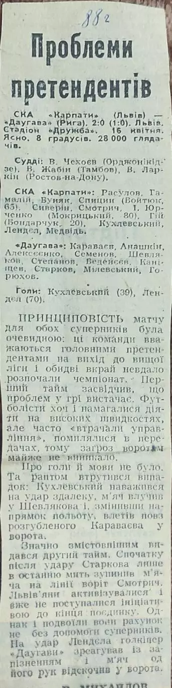 СКА Карпаты Львов-Даугава Рига.16.04.1988.Отчет о матче.