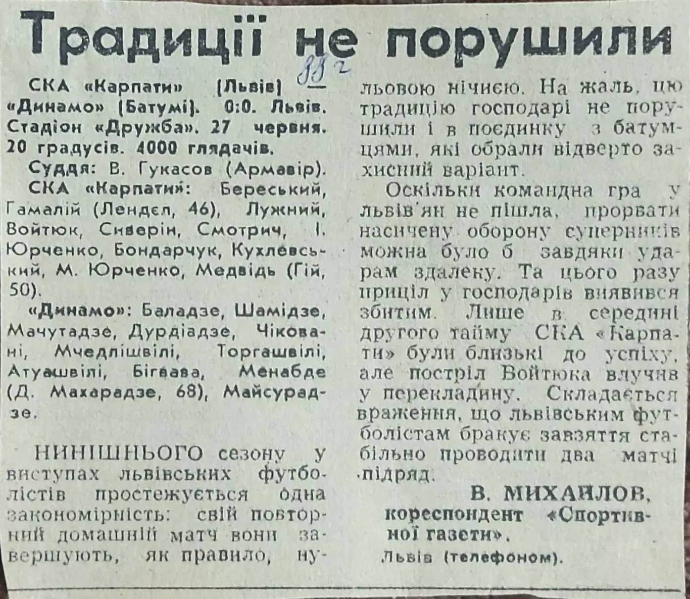 СКА Карпаты Львов-Динамо Батуми.27.06.1988.Отчет о матче.