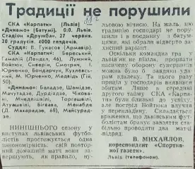 СКА Карпаты Львов-Динамо Батуми.27.06.1988.Отчет о матче.