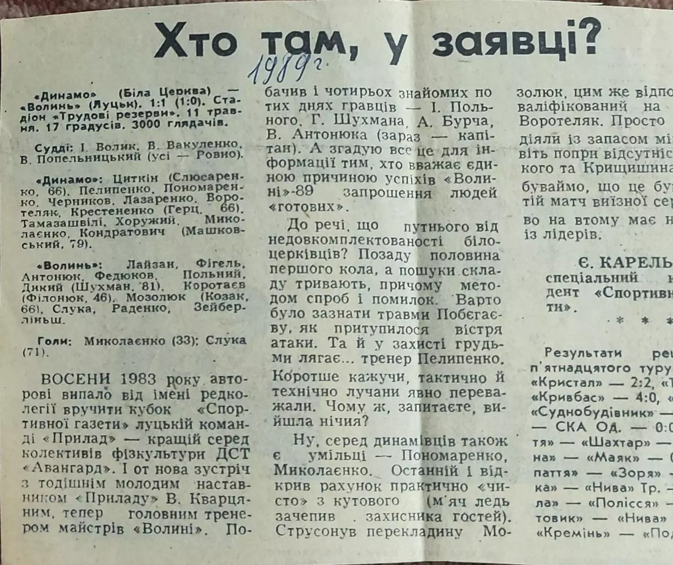Динамо Белая Церковь-Волынь Луцк.11.05.1989.Отчет о матче.