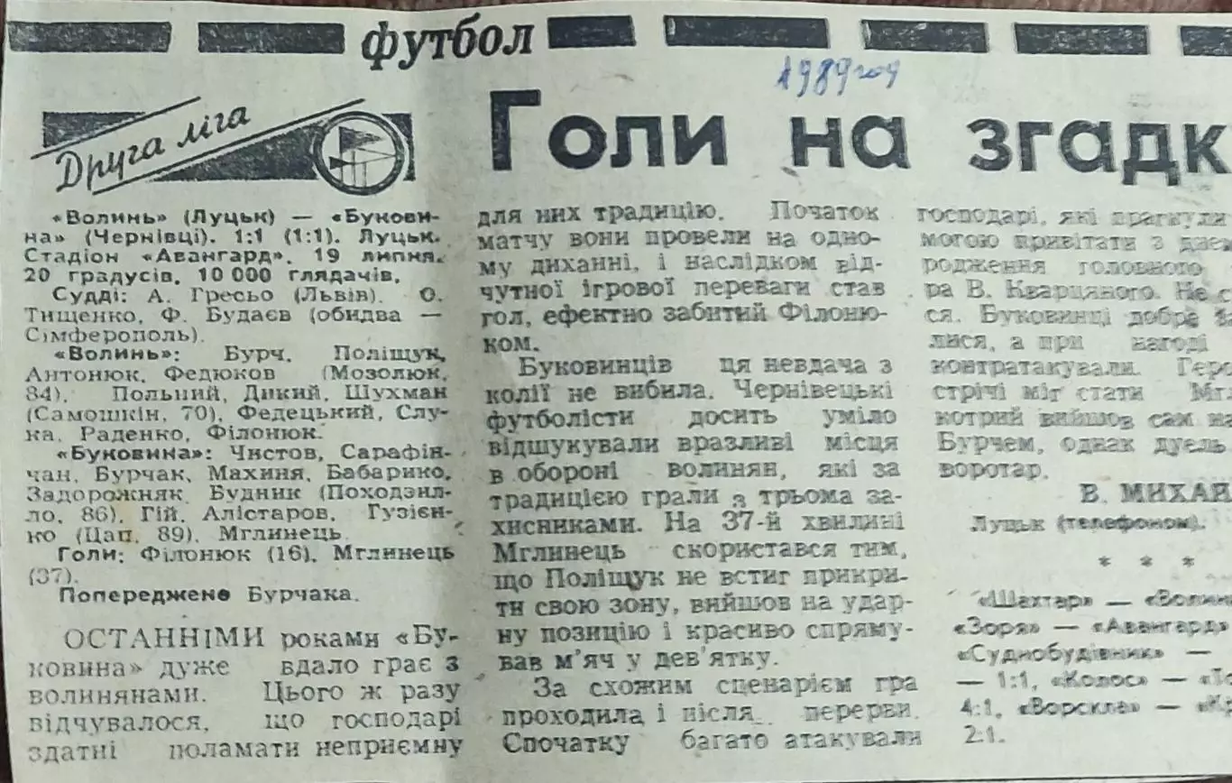 Волынь Луцк-Буковина Черновцы.19.07.1989.Отчет о матче.