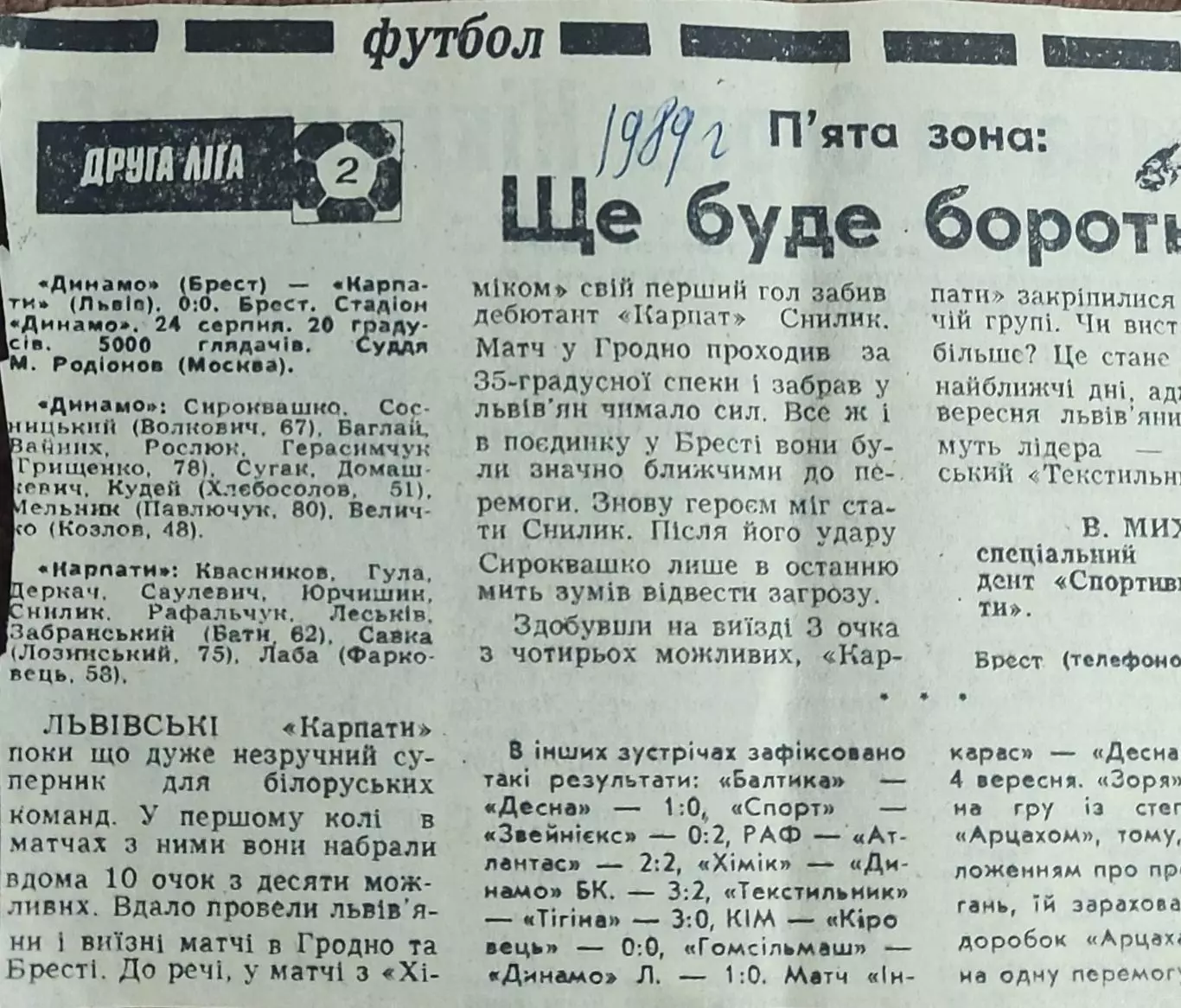 Динамо Брест-Карпаты Львов.24.08.1989.Отчет о матче.