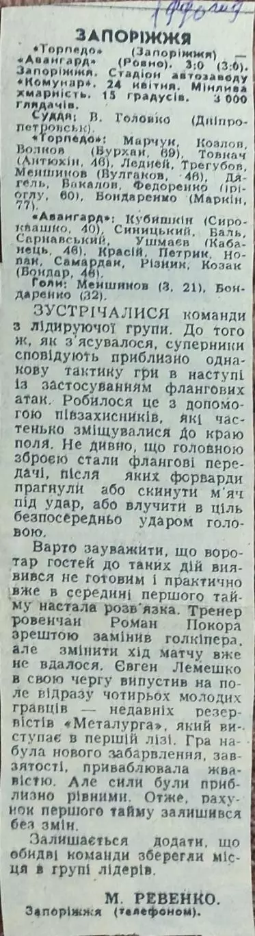 Торпедо Запорожье-Авангард Ровно.24.04.1990.Отчет о матче.