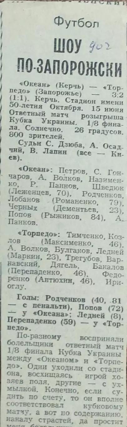 Океан Керчь-Торпедо Запорожье.15.06.1990.Отчет о матче.