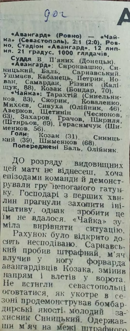 Авангард Ровно-Чайка Севастополь.12.07.1990.Отчет о матче.