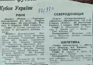 Кубок Украины.1/8 финала. 29.11.1992.Отчеты о матчах.