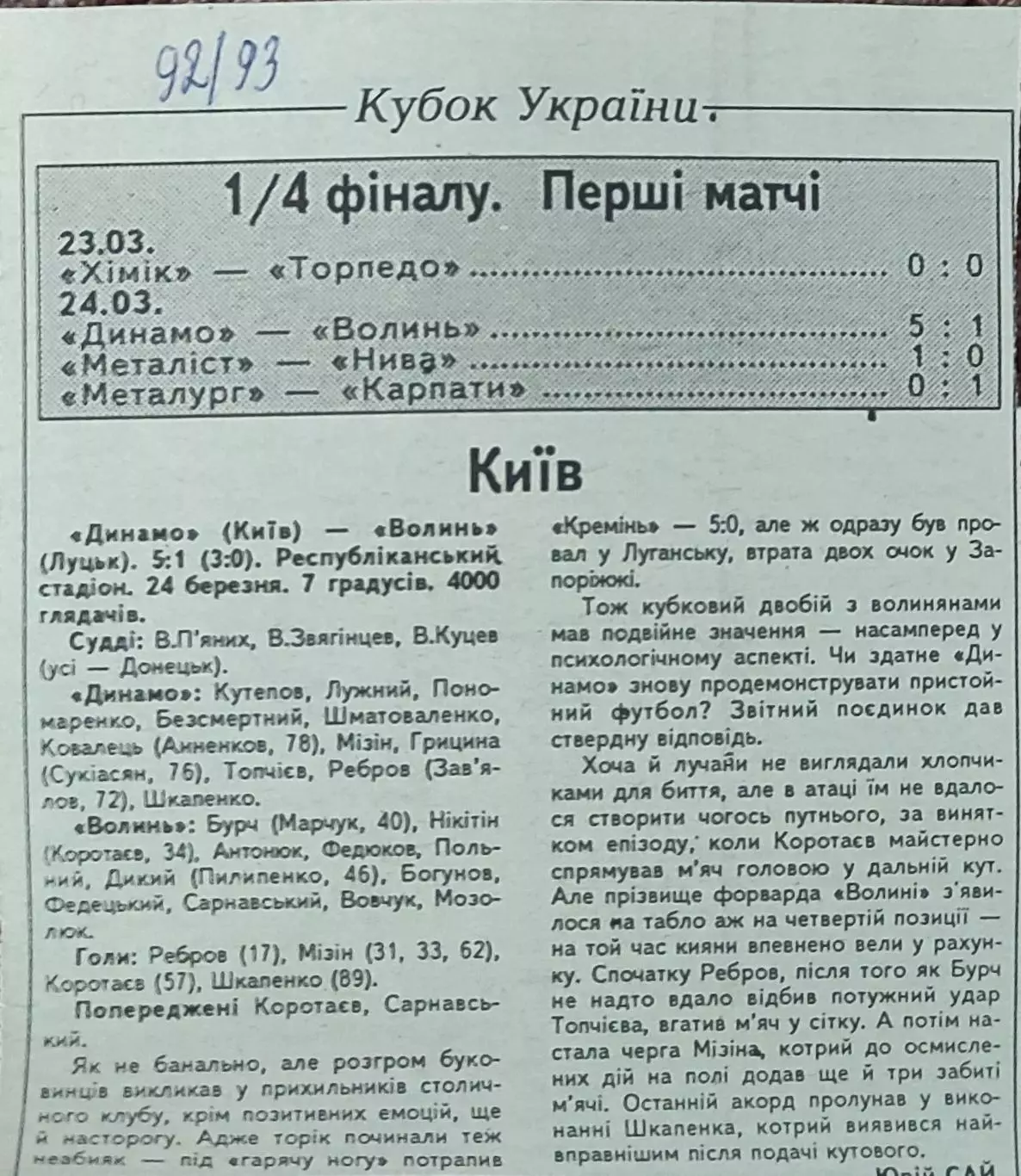 Динамо Киев-Волынь Луцк.К.У.1/4 финала. 24.03.1993.Отчет о матче.
