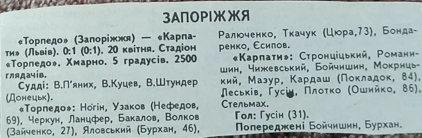 Торпедо Запорожье-Карпаты Львов.К.У.1/2 финала. 20.04.1993.Отчет о матче.