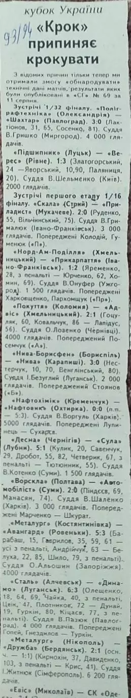 Кубок Украины.1/32 финала.1.08.1993.Отчеты о матчах..