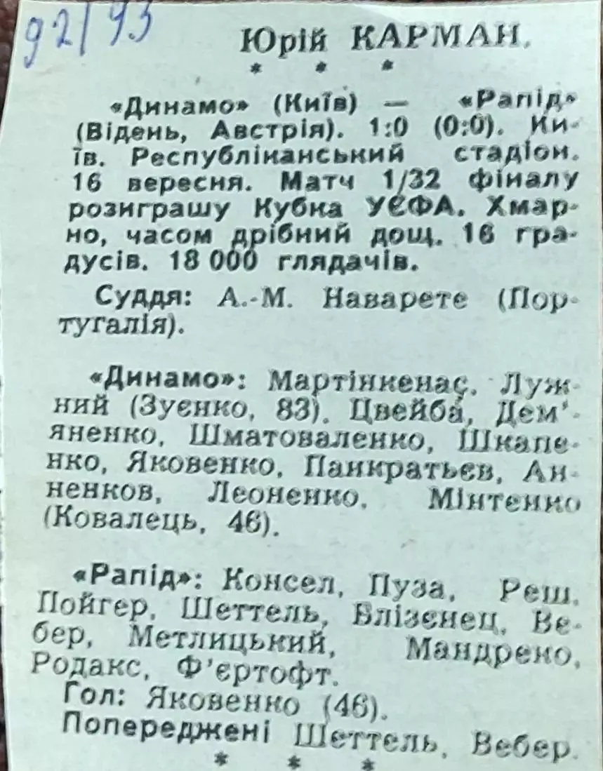 Динамо Киев Украина-Рапид Австрия.16.09.1992.Отчет о матче.