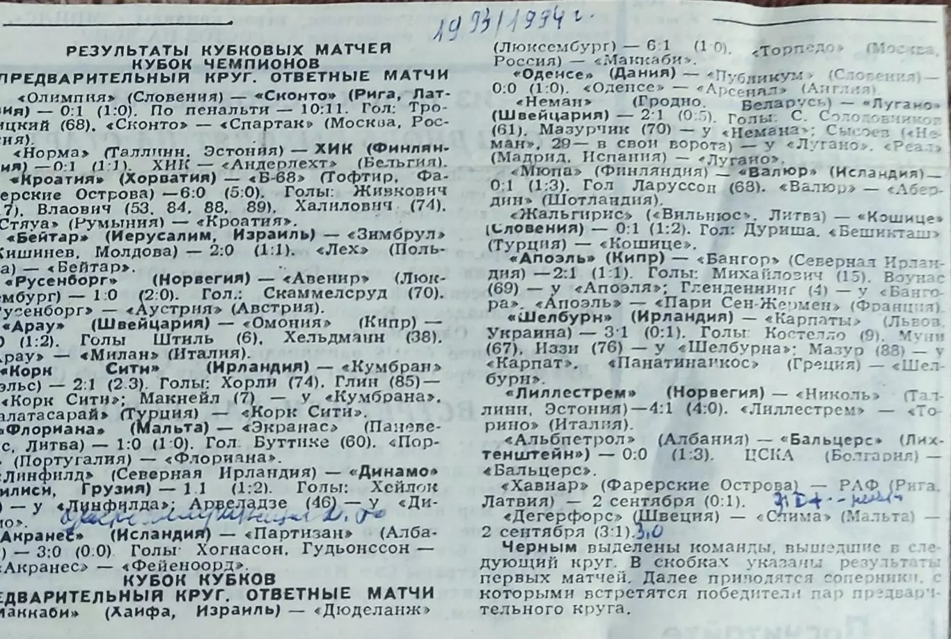 Шелбурн Ирландия-Карпаты Львов Украина.1.09.1993.Отчет о матче. 1