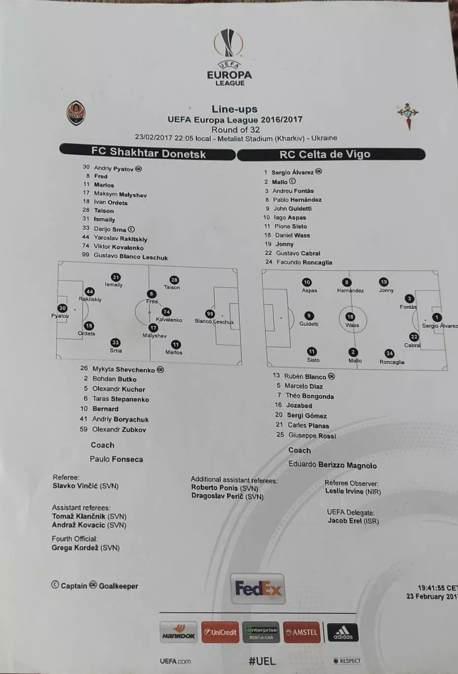 Шахтер Донецк Украина-Сельта Испания.23.02.2017.Лига Европы.