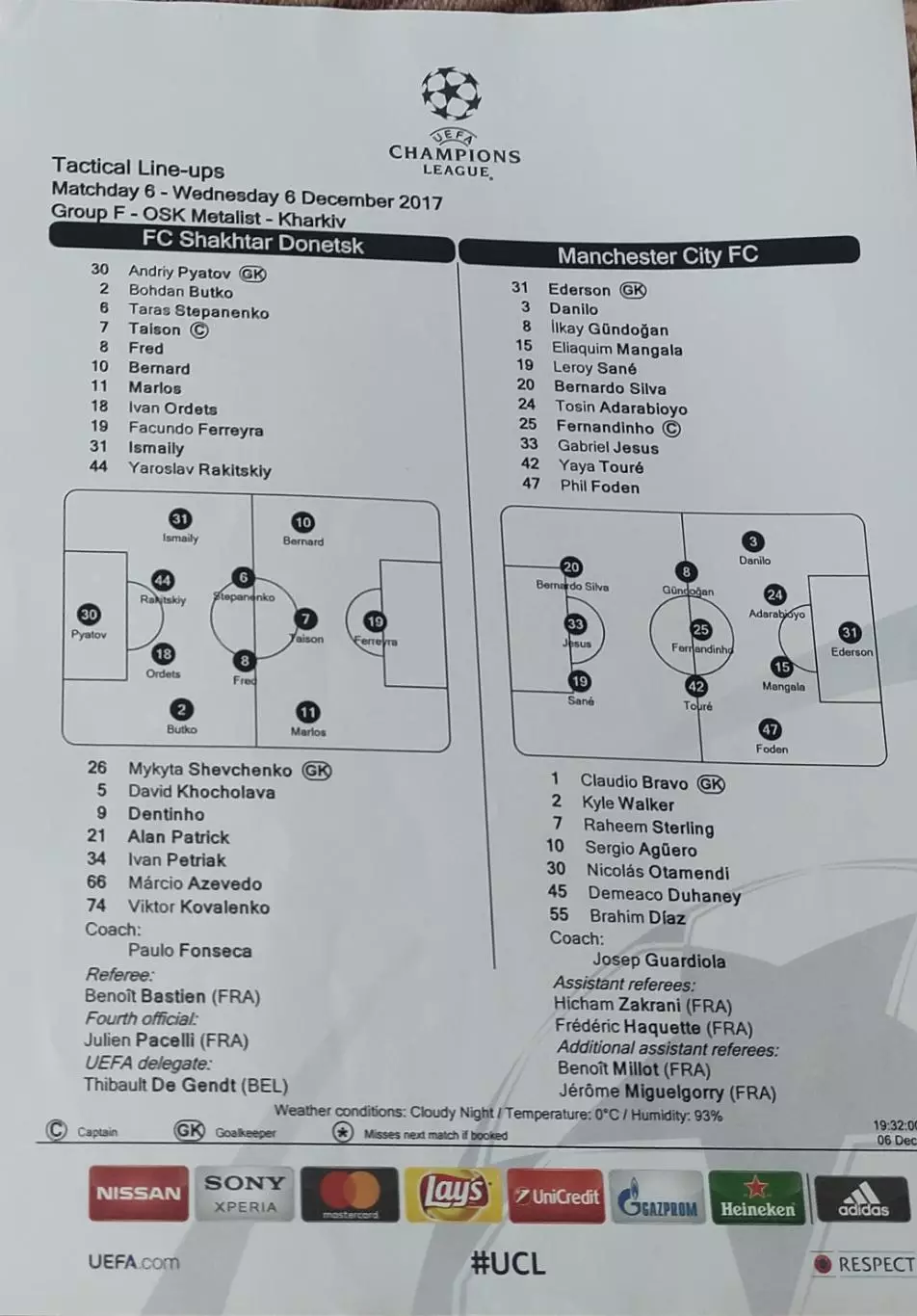 Шахтер Донецк Украина-Манчестер Сити Англия.6.12.2017. Лига Чемпионов.