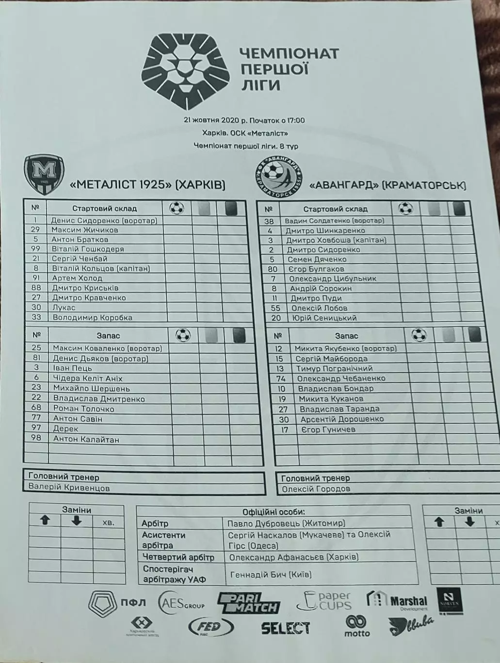 Металлист 1925 Харьков -Авангард Краматорск.21.10.2020.Чемпионат Украины.Прот.