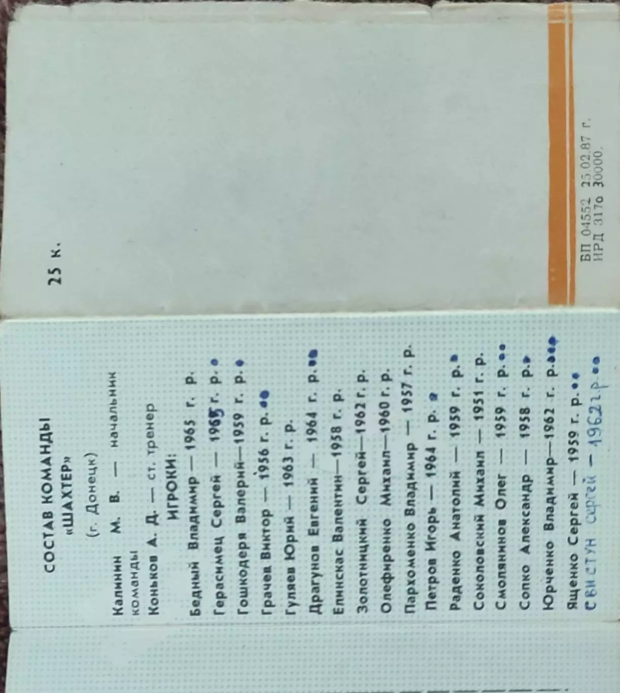 К/С Футбол 1987.Донецк.Календарь игр. 1