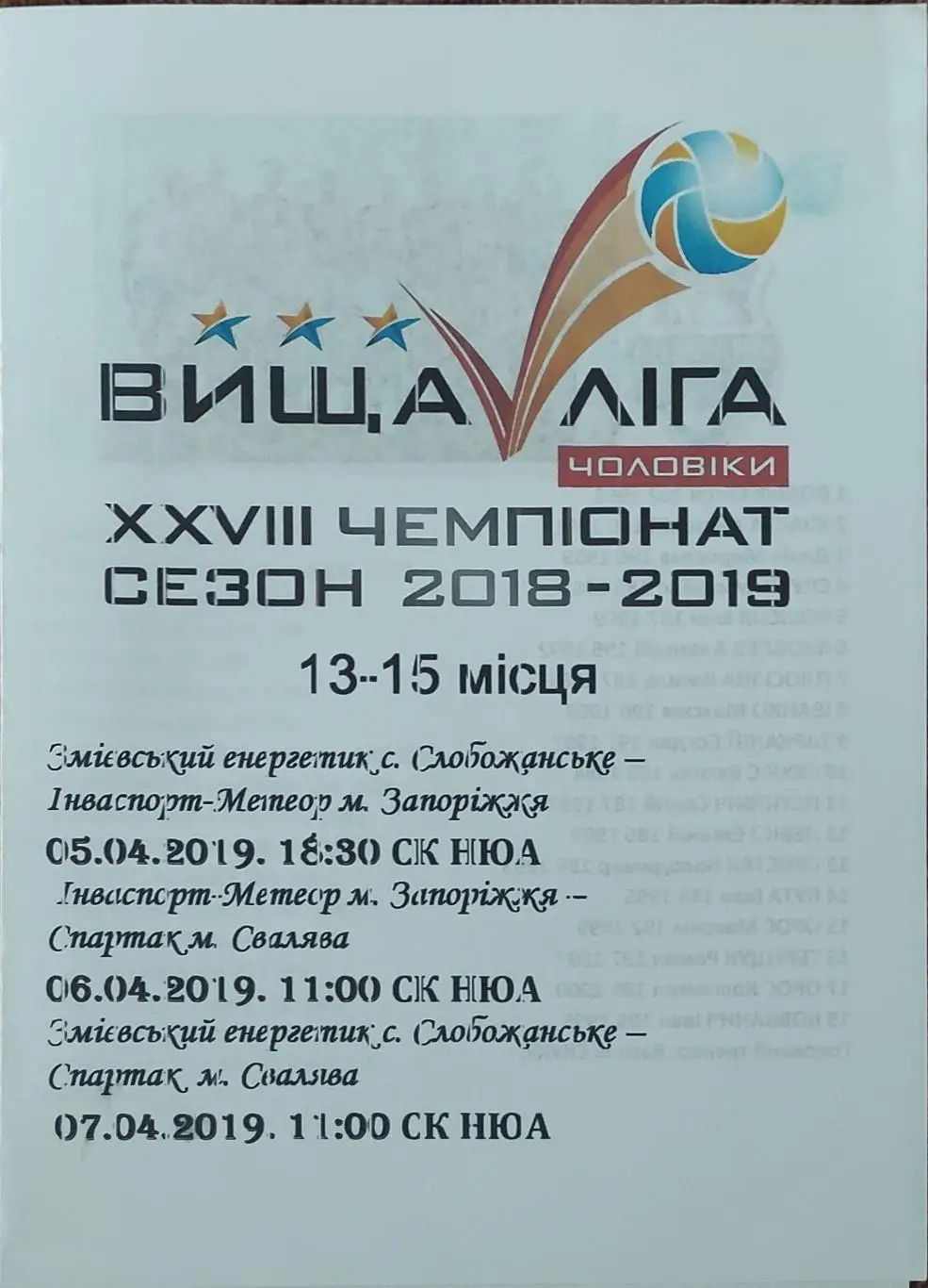 2 этап. За 13-15 места . Харьков.5-7.04.2019.Высшая лига