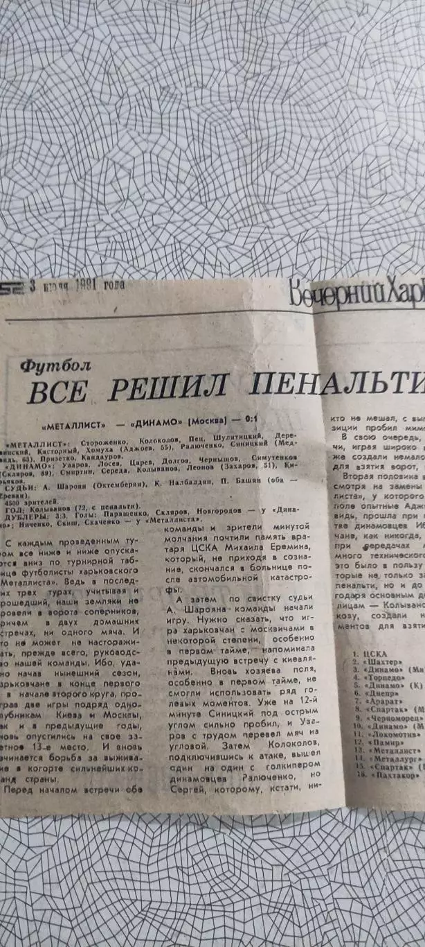 Металлист Харьков-Динамо Москва.1.07.1991.Отчет о матче.