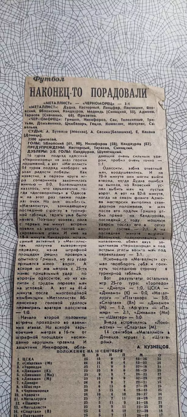 Металлист Харьков-Черноморец Одесса.8.09.1991.Отчет о матче.
