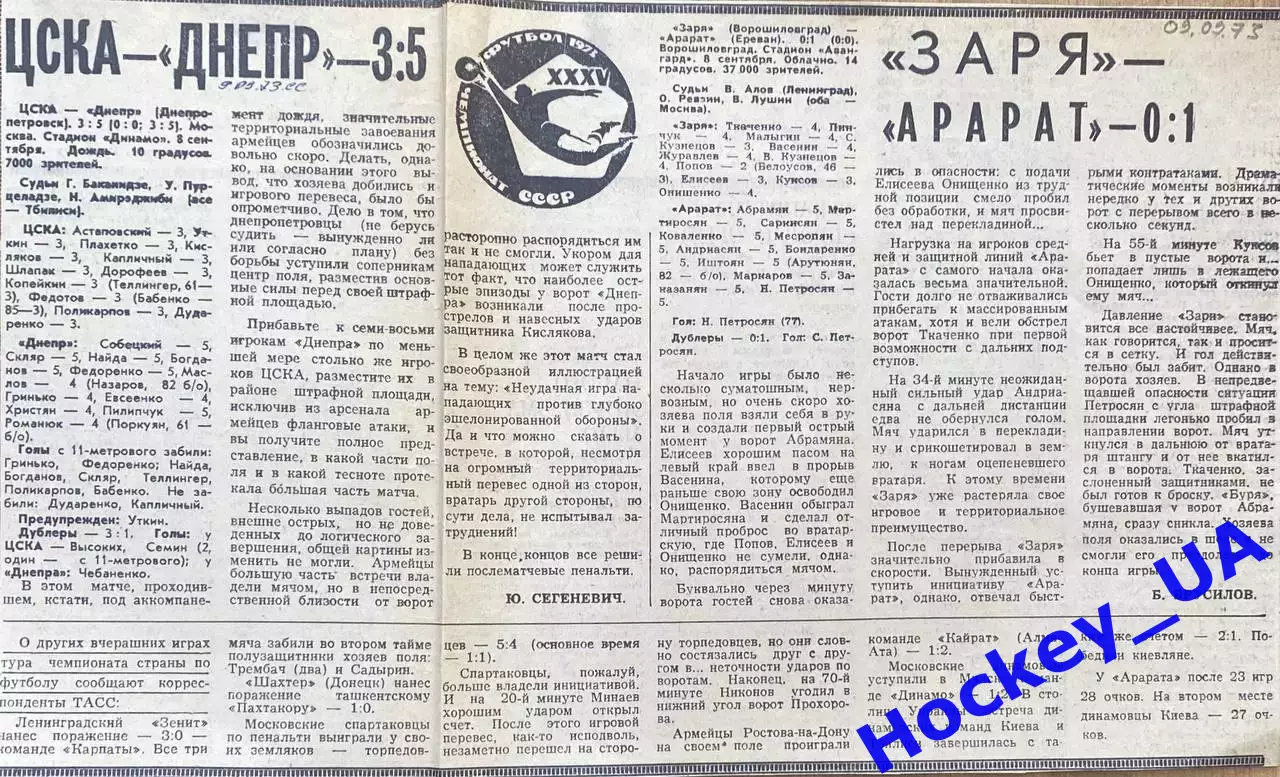 Вырезка из газеты Советский спорт 09.09.73 ЦСКА-Днепр 3:5