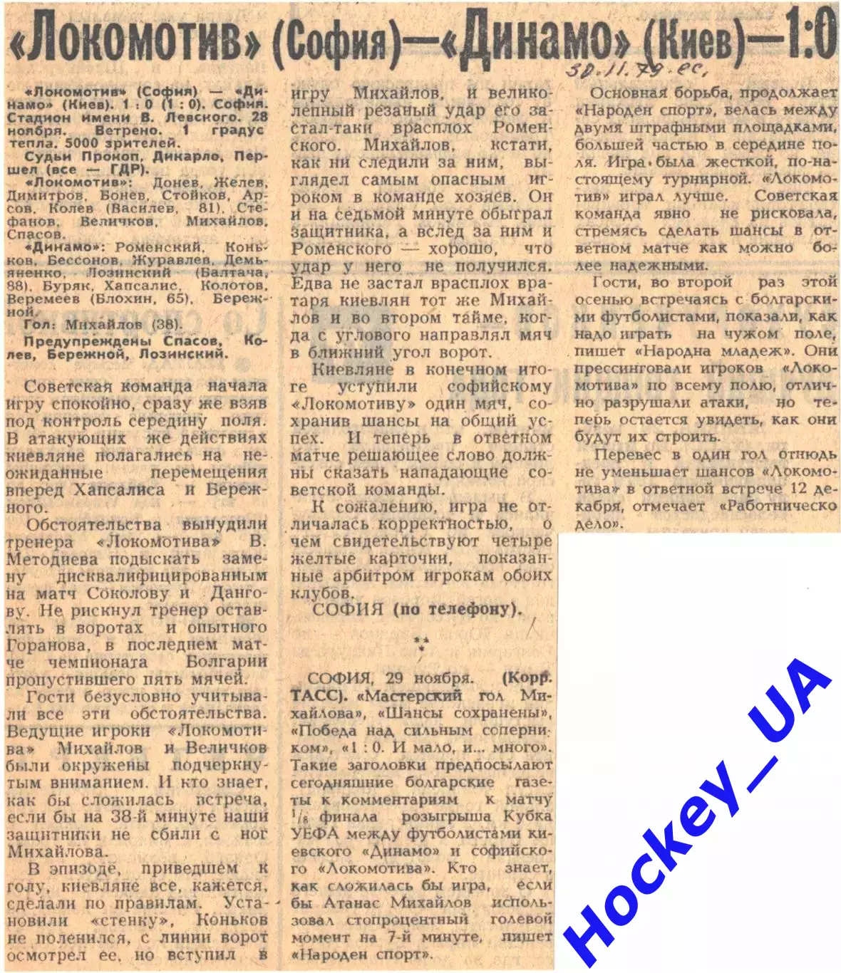 Локомотив (София) - Динамо (Киев) - 1:0, 30.11.1979 Советский спорт
