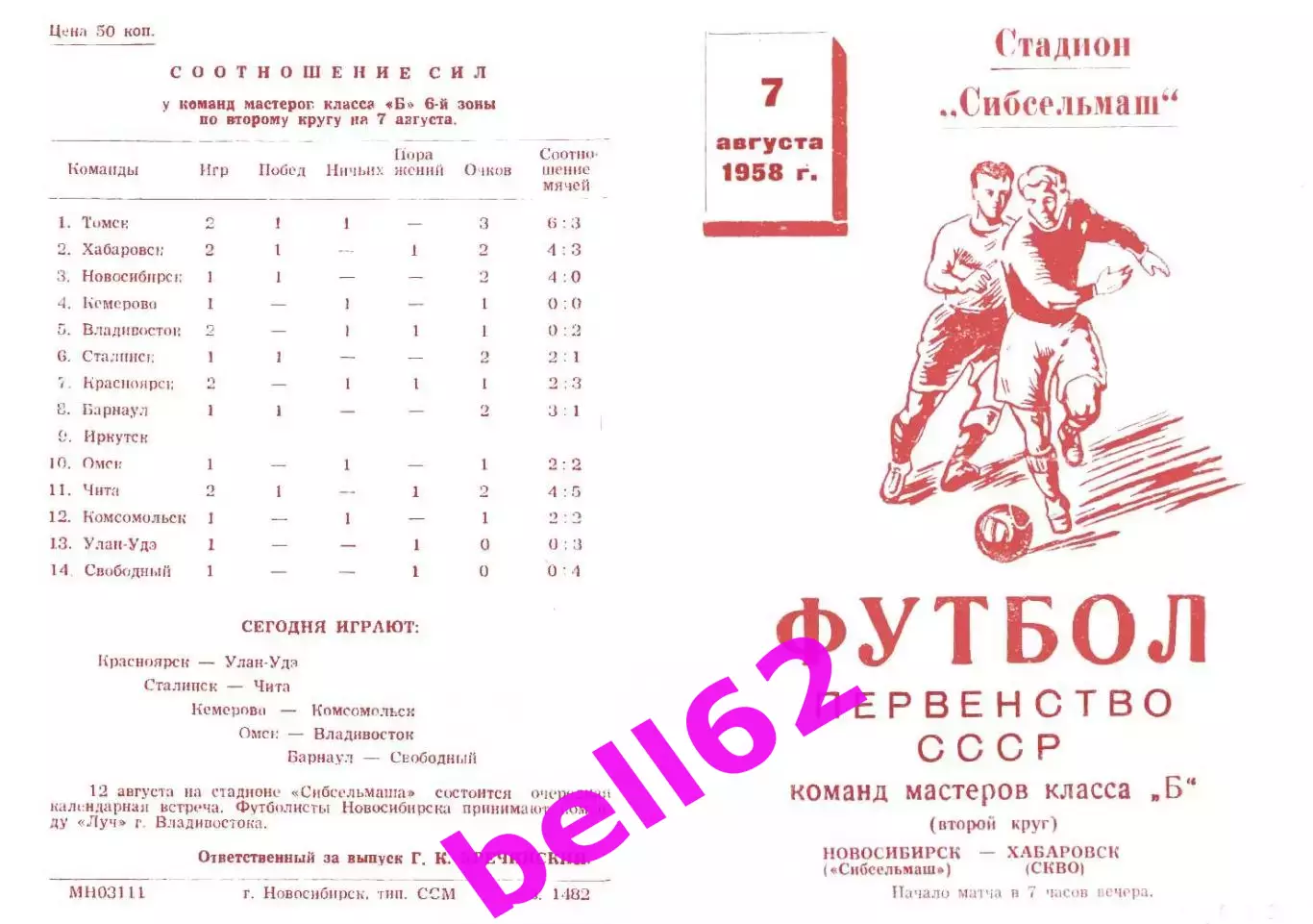 Сибсельмаш Новосибирск-СКВО Хабаровск-07.08.1958 г.