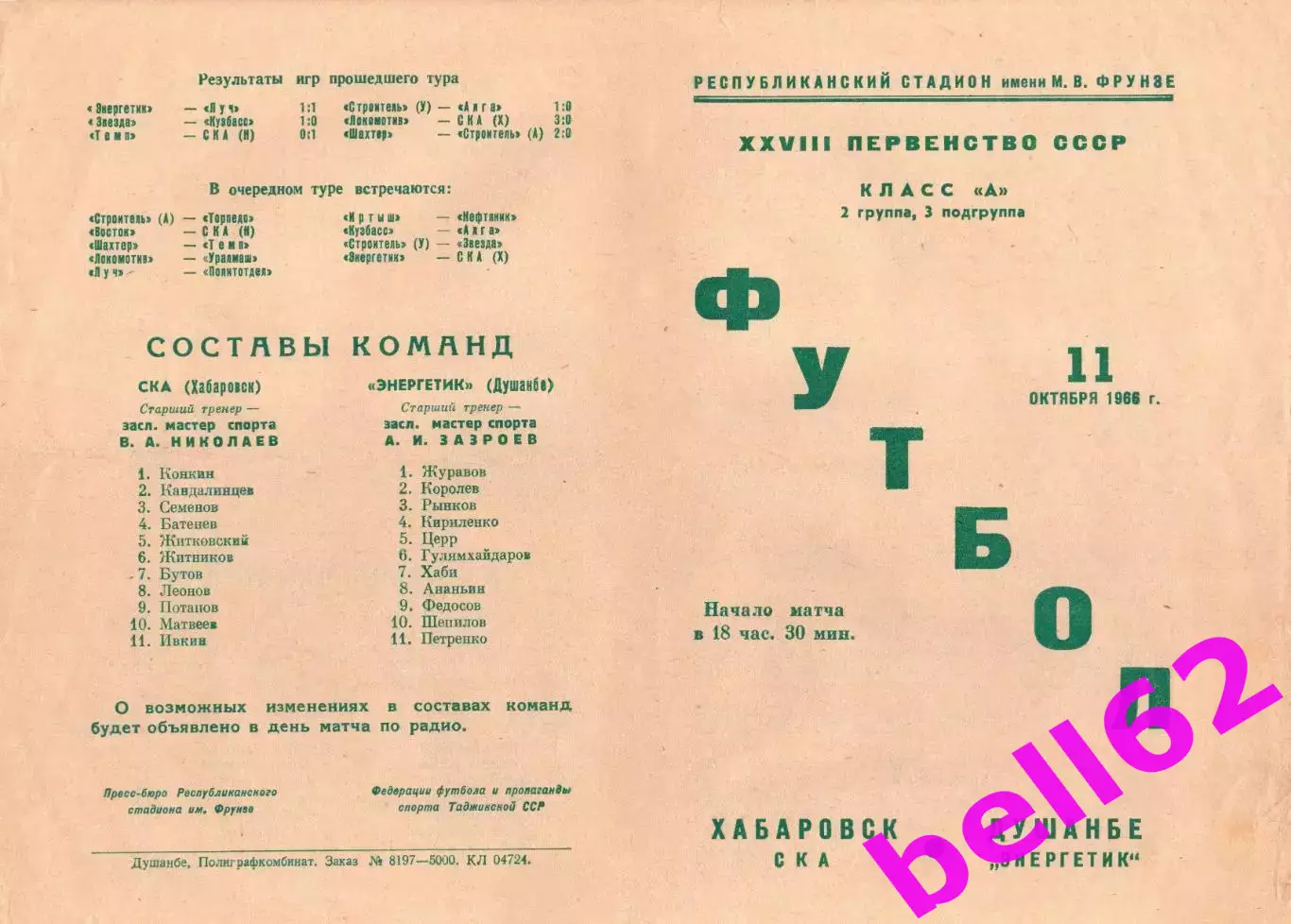 Энергетик Душанбе-СКА Хабаровск-11.10.1966 г.