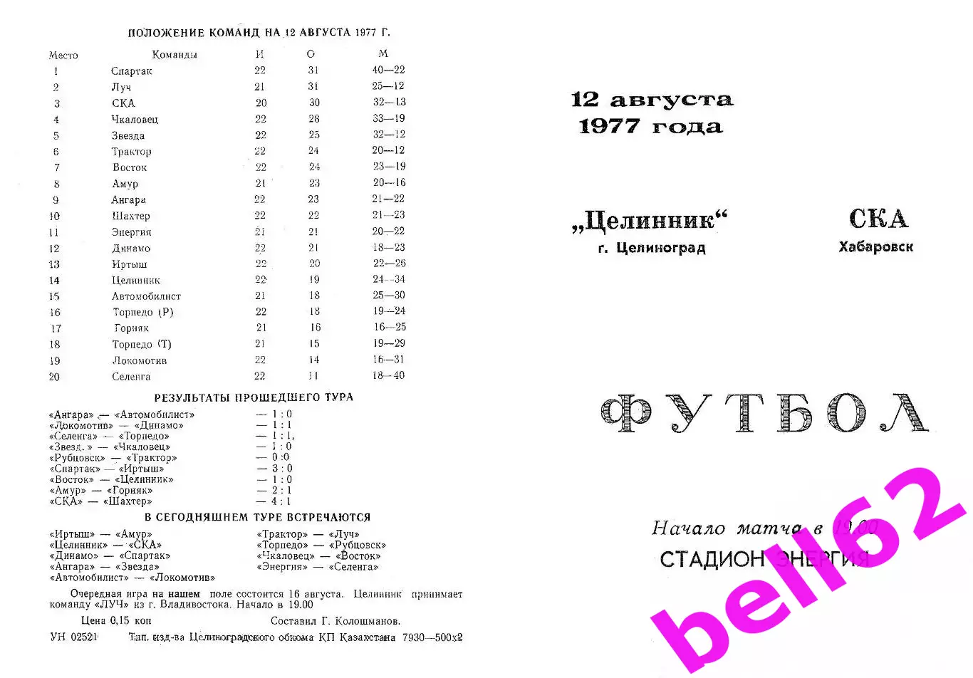 Целинник Целиноград-СКА Хабаровск-12.08.1977 г.