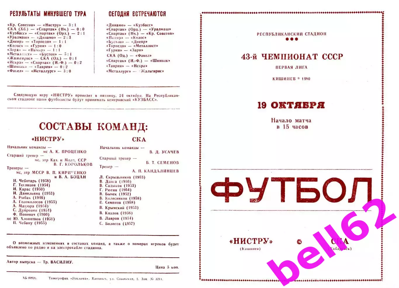 Нистру Кишинев-СКА Хабаровск-19.10.1980 г.