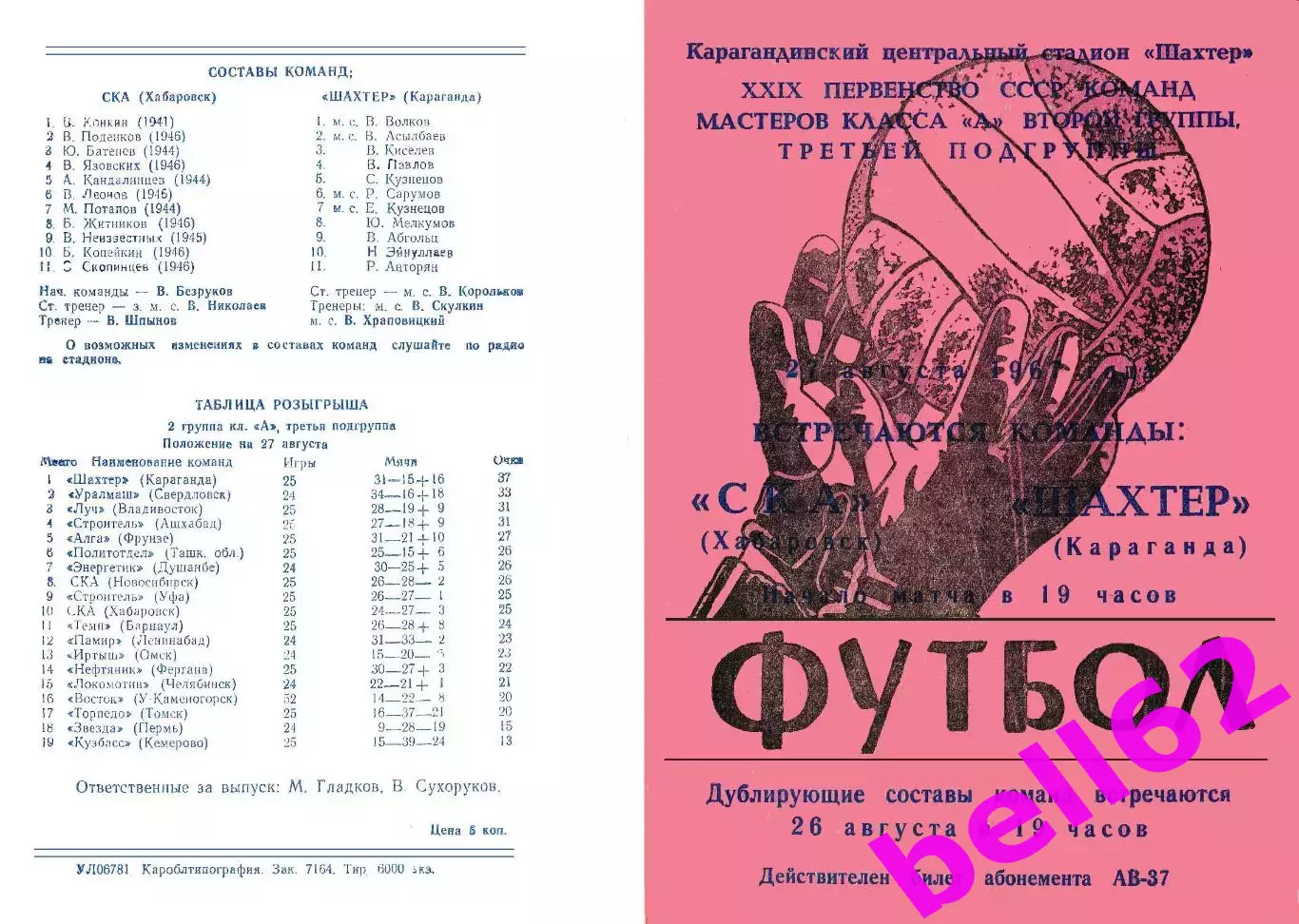 Шахтер Караганда-СКА Хабаровск-27.08.1967 г.