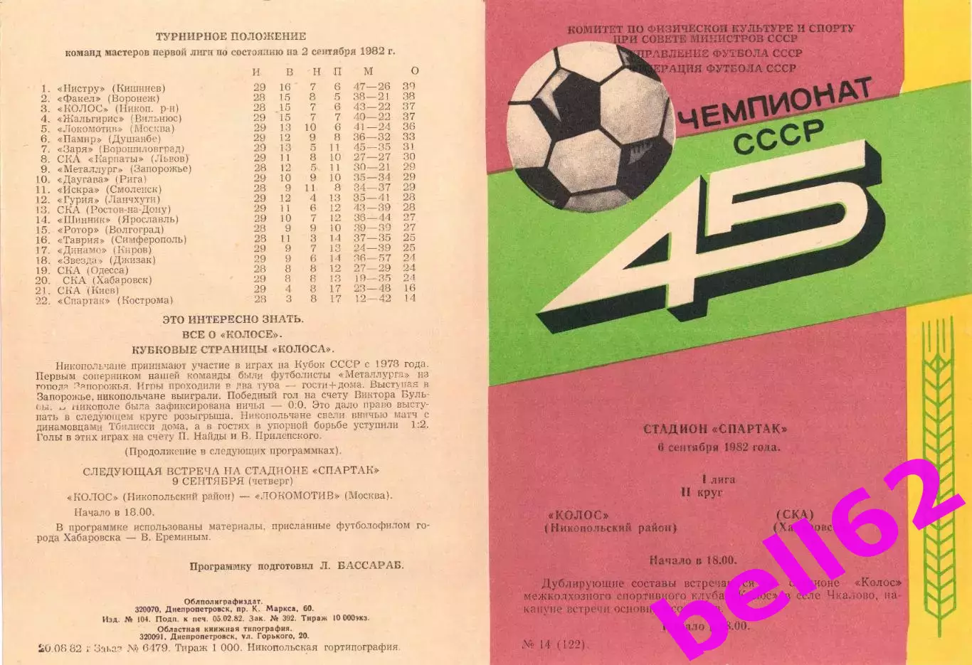 Колос Никопольский район-СКА Хабаровск-06.09.1982 г.