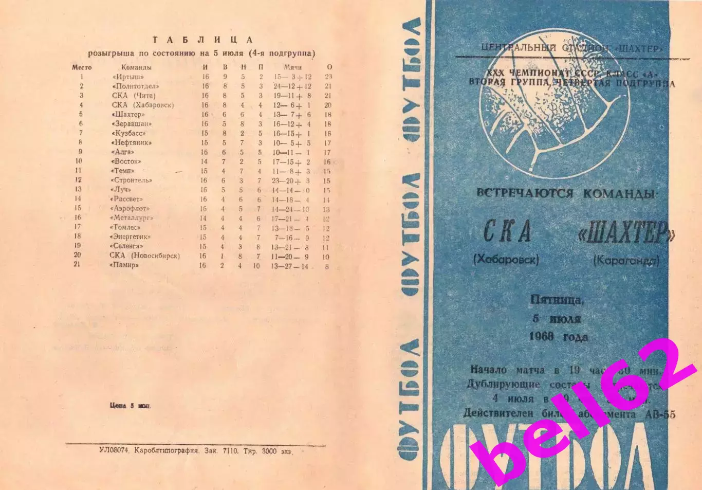 Шахтер Караганда-СКА Хабаровск-05.07.1968 г.