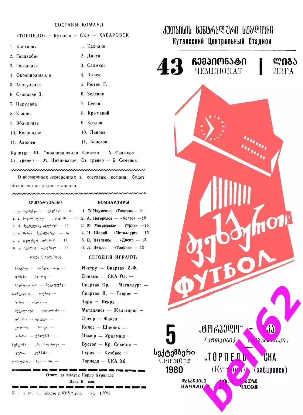 Торпедо Кутаиси-СКА Хабаровск-05.09.1980 г.